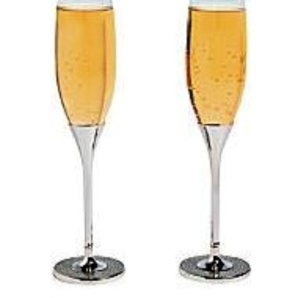 B42-NEW Pair (2) Rhinestone Base Toasting Glass Champagne Flutes - Picture 1 of 2